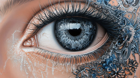 This stunning close-up showcases a mesmerizing blue eye, enhanced with intricate floral designs, highlighting detailed texture and artistic flair.の素材