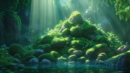 A tranquil scene showcasing an enchanted forest with vibrant greenery, sunbeams penetrating through foliage, and a serene water surface reflecting nature's beauty.の素材