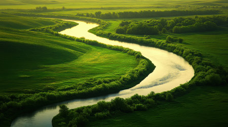 A tranquil river meanders through a lush green valley, surrounded by vibrant vegetation and bathed in soft, golden light, evoking a sense of peace.の素材