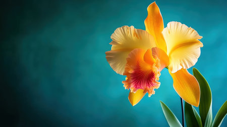 This stunning image captures an elegant yellow orchid flower with vibrant petals against a soothing blue background, showcasing its intricate details and natural beauty, perfect for decor or artistic projects.の素材