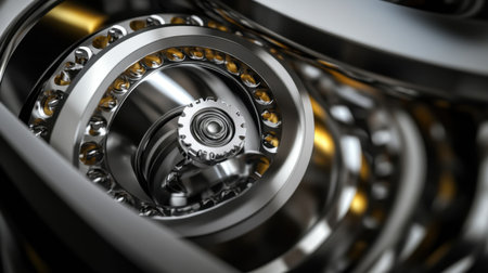 This close-up image captures the intricate design of metallic gears and bearings in a mechanical system, showcasing precision engineering and craftsmanship.の素材