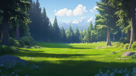A stunning view of a lush green meadow surrounded by towering trees and majestic mountains, reflecting the beauty of untouched nature in a serene atmosphere.の素材