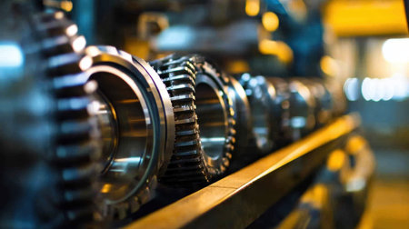 This image showcases a close-up view of metal gears within industrial machinery, emphasizing the intricate details of engineering and precision manufacturing.の素材