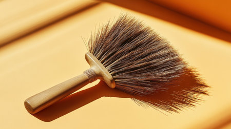 This image features a traditional cleaning brush with a wooden handle, set against a bright orange background that enhances its textures and design.の素材