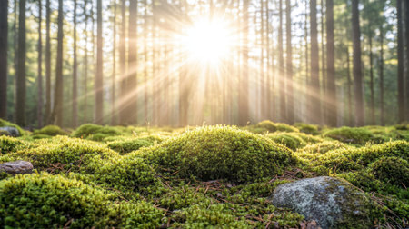 This captivating image showcases sunlight streaming through towering trees in a verdant forest. The floor is covered in lush moss, creating a serene and tranquil atmosphere ideal for nature enthusiasts.の素材