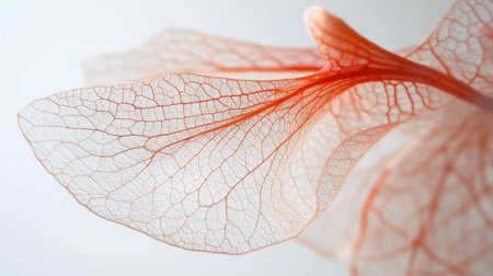 This image showcases a delicate and transparent leaf structure with intricate veins, perfect for backgrounds in nature-themed projects or designs.の素材