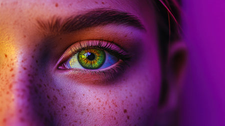 This striking close-up showcases a vibrant green eye adorned with freckles, enhanced by dramatic and colorful lighting, capturing an engaging and emotional essence.の素材