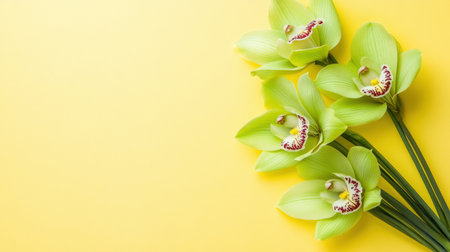 A stunning arrangement of green orchids set against a bright yellow background, perfect for floral design, decoration, and celebration inspirations.の素材