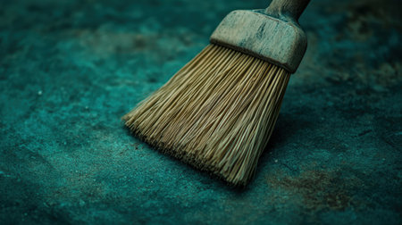 A detailed close-up image of a wooden-bristled brush resting on a textured surface. The natural materials evoke a sense of craftsmanship and artistry.の素材