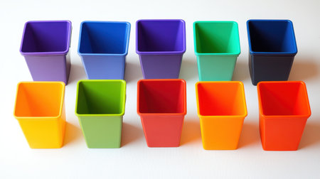 A vibrant display of colorful plastic cups arranged in two neat rows, perfect for parties, events, or creative organization. The bright hues create a cheerful atmosphere.の素材