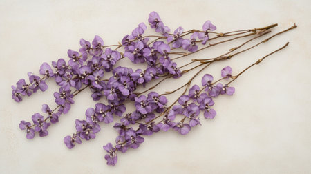 This image features delicate branches of purple flowers artfully arranged against a soft neutral background, perfect for design, botanical art, or decoration.の素材