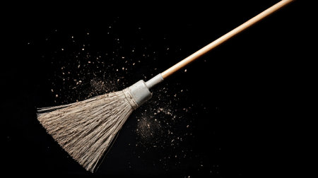 A broom in action sweeps away dust and dirt particles against a dark background, emphasizing the importance of cleanliness in daily life and maintenance.の素材