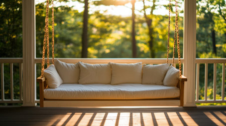 This image captures a serene porch swing, elegantly positioned in a lush natural setting. The warm sunset light enhances the inviting scene, perfect for relaxation.の素材