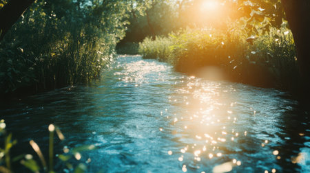 A serene stream flows gently through vibrant greenery, illuminated by warm sunlight. The sparkling reflections create a tranquil atmosphere perfect for nature lovers.の素材