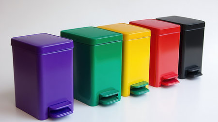 A vibrant collection of small trash bins designed for convenience in kitchens or offices, featuring foot pedals for easy, hands-free waste disposal.の素材