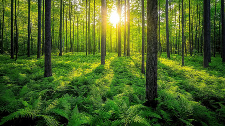 A serene moment captured in a vibrant forest, with sunlight filtering through tall trees, illuminating the ferns below and creating a peaceful atmosphere.の素材