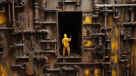 A worker in a bright yellow suit stands inside a dark tunnel filled with rusted pipes, exemplifying industrial exploration and inspection.の素材