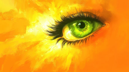This striking close-up features a vivid green eye set against a bold orange background, creating a captivating contrast that evokes emotion.の素材