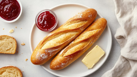 This image features freshly baked bread sticks placed on a white plate, accompanied by a slab of butter and delicious jam, perfect for breakfast or snacks.の素材