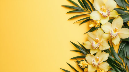 A stunning display of yellow orchids accompanied by lush green leaves on a bright yellow background, creating a cheerful and vibrant atmosphere. Perfect for floral designs and nature-themed projects.の素材
