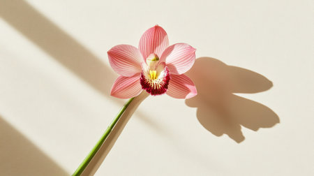 A stunning closeup of a delicate pink orchid flower showcases its intricate petals against a minimalist beige background, creating a serene ambiance.の素材