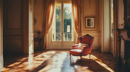 This image captures a beautifully designed room featuring a vintage armchair bathed in natural sunlight, creating a serene and elegant atmosphere.の素材