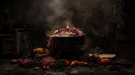 This evocative scene captures a cauldron filled with diverse ingredients, surrounded by smoke and rustic elements, creating a dramatic kitchen atmosphere.の素材