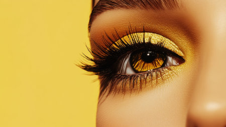 This stunning close-up showcases a woman's eye adorned with striking yellow eye makeup, highlighting bold eyelashes and a vivid background.の素材