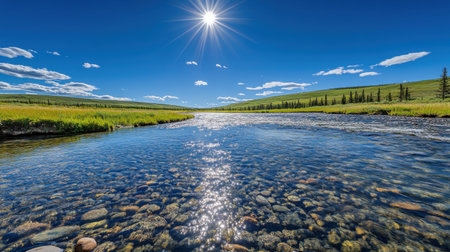 A serene river flows gently under a radiant sun, surrounded by lush green hills and a clear blue sky. Sparkling water reflects vibrant colors, inviting tranquility.の素材