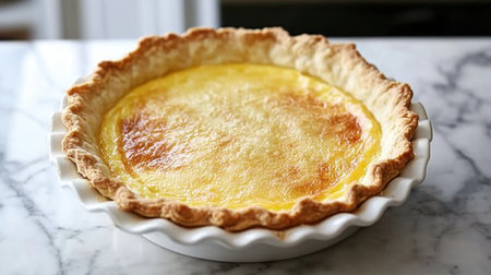 A beautifully baked pie features a golden, flaky crust and a creamy filling, resting on a marble countertop, perfect for dessert lovers.の素材