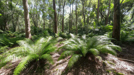 Explore a vibrant forest scene featuring lush green ferns thriving under bright sunlight, surrounded by tall, majestic trees. Ideal for nature lovers.の素材