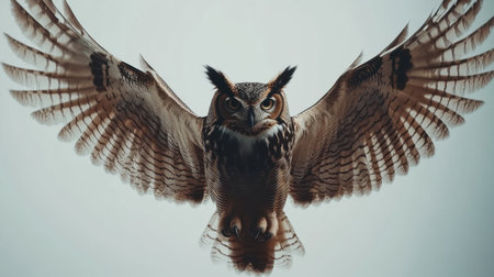 A stunning depiction of a majestic owl in flight, highlighting its impressive wingspan and piercing eyes. This image captures the essence of wildlife and nature, perfect for enthusiasts and photographers alike.の素材