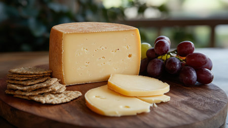 A beautifully arranged gourmet cheese sits sliced with crunchy crackers and fresh grapes on a rustic wooden board, perfect for celebrations.の素材
