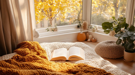 This serene indoor scene captures a cozy reading nook adorned with a warm blanket, an open book, and a stunning view of autumn foliage through the window.の素材
