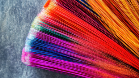 This image showcases a vibrant array of colorful threads artistically fanned out on a textured surface, highlighting the intricate details and hues perfect for textile enthusiasts.の素材