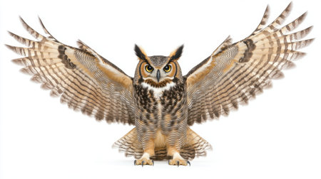 A stunning portrait of a majestic owl with outstretched wings, displaying intricate feather patterns and piercing eyes, set against a clean background, showcasing its beauty and grace in the wild.の素材