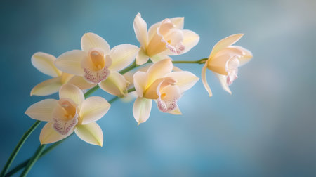 This stunning image showcases delicate yellow orchids against a soft green background, highlighting the elegance of nature in a serene and artistic way.の素材