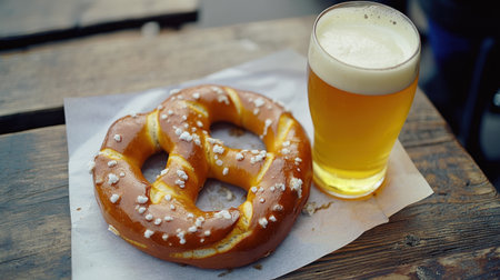 A freshly baked soft pretzel paired with a cold glass of beer creates a delightful snack experience. Perfect for casual dining, this delicious combo invites enjoyment.の素材