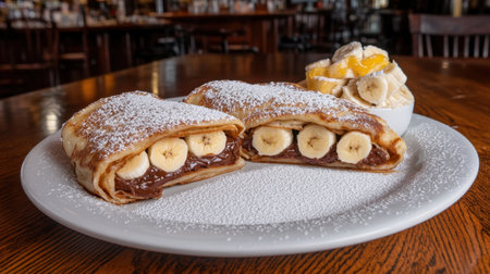 Experience a delightful plate of chocolate and banana crepes, dusted with powdered sugar, served with whipped cream and fresh fruit. Perfect for any meal!の素材