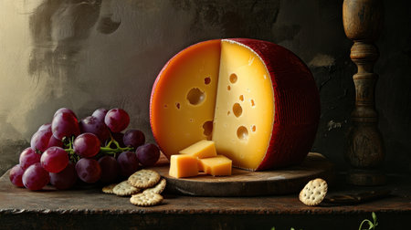 A beautifully arranged rustic still life featuring aged cheese, fresh grapes, and assorted crackers on a wooden board, creating an inviting snack scene.の素材
