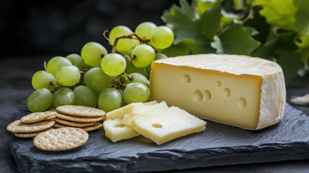 A delightful arrangement featuring fresh cheese, succulent green grapes, and flavorful crackers on a slate board, perfect for entertaining or casual snacking.の素材