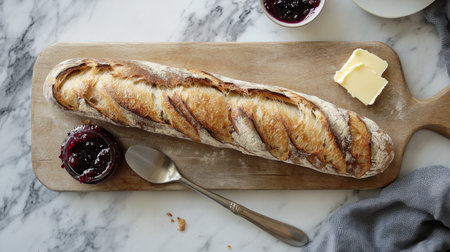 A beautifully arranged scene featuring a freshly baked artisan bread loaf on a rustic wooden board alongside delicious butter and jam.の素材