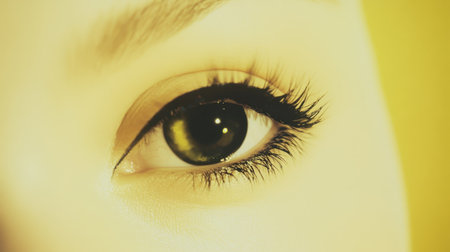 This stunning close-up image captures an expressive eye adorned with dramatic makeup against a bright yellow background. It emphasizes beauty and detail.の素材