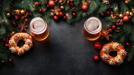 This festive arrangement showcases two glasses of beer next to sweet pastries, adorned with holiday decor. Perfect for winter gatherings.の素材
