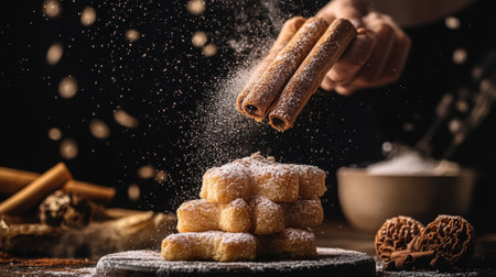A mouthwatering arrangement of pastry dusted with powdered sugar, topped with chocolate rolls, set against a rustic background, perfect for dessert lovers.の素材