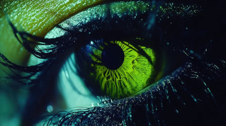 This captivating close-up showcases a vibrant green eye, detailed with intricate patterns and dramatic makeup. The striking colors and textures highlight beauty and emotion.の素材