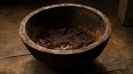 A stunning wooden bowl showcasing rustic charm with an earthy texture, illuminated by warm light, perfect for various artistic and culinary presentations.の素材