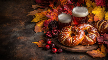 Enjoy the cozy feel of autumn with this delightful arrangement featuring soft pretzels and refreshing beer, all set amid vibrant fall leaves and berries.の素材