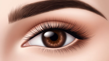 This stunning close-up image features a detailed human eye with a rich brown iris, long elegant eyelashes, and a perfectly shaped eyebrow, emphasizing natural beauty.の素材
