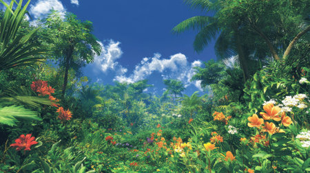 This stunning image captures a vibrant tropical landscape with colorful flowers under a clear blue sky, showcasing the beauty of nature and serenity.の素材